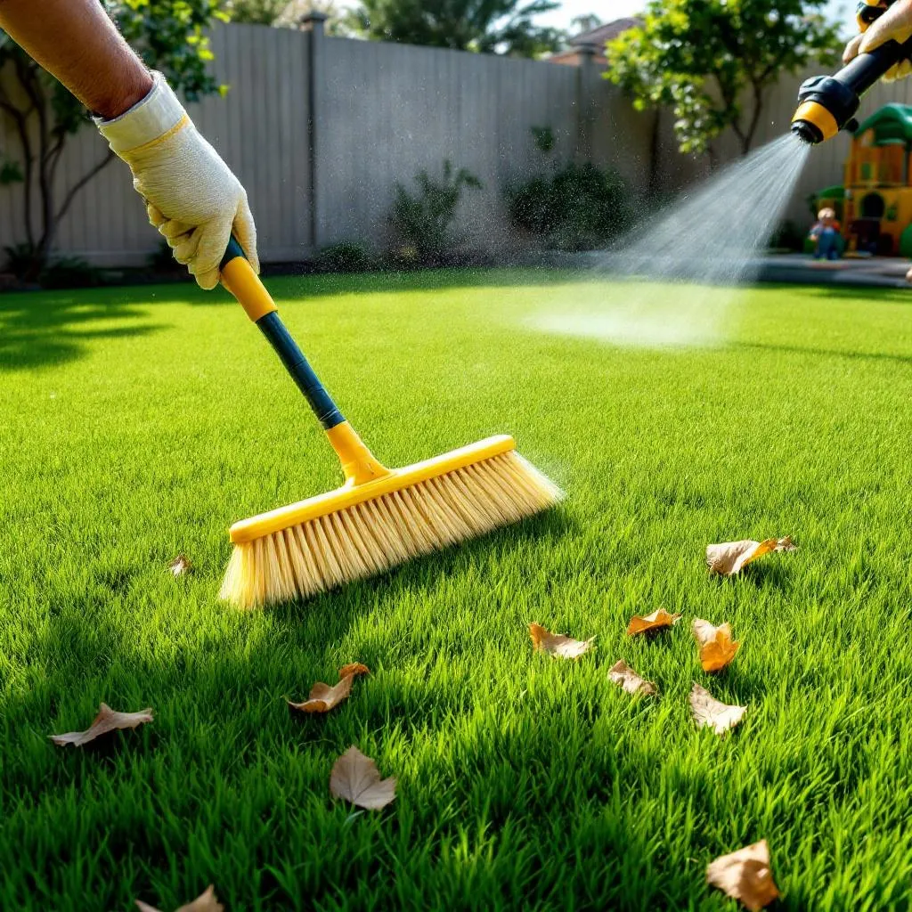What is the simple turf maintenance schedule for artificial grass?